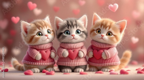 Three adorable kittens in Valentine's sweaters, standing together on a soft background with floating hearts.