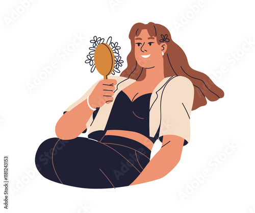 Woman looking at mirror reflection. Happy young girl admiring herself, enjoyi...