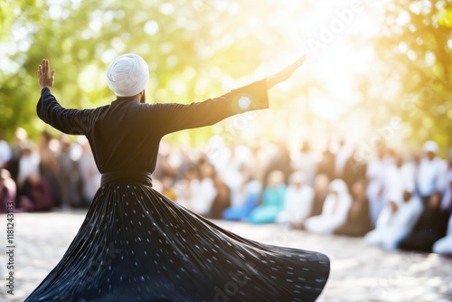 Mesmerizing silhouette of a Sufi dervish whirling in a serene outdoor setting at sunset photo