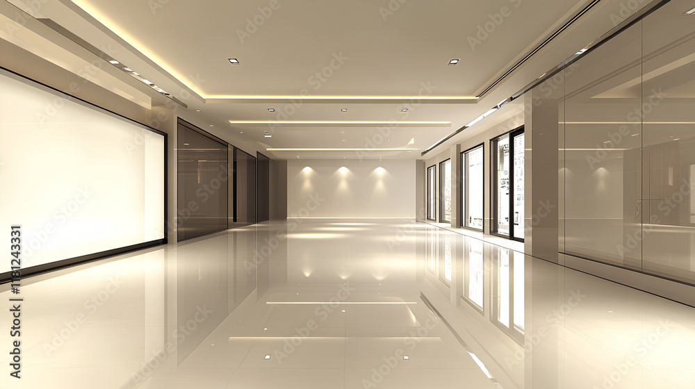 A futuristic, perspective view of an empty space with hidden lighting, a white floor, and a ceiling, creating a modern background design evoking a sense of future technology, suitable for a showroom A futuristic, perspective view of an empty space with hidden lighting, a white floor, and a ceiling, creating a modern background design evoking a sense of future technology, suitable for a showroom