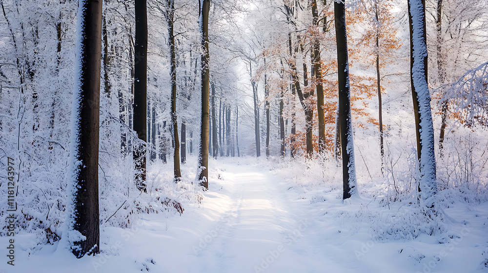 forest in winter and pathway forest in winter and pathway