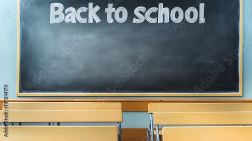 Back to school chalkboard with empty desks in a classroom, concept of education and learning, suitable for first day of school themes photo