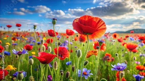 Vibrant red poppies swaying in the gentle summer breeze amidst a lush green meadow teeming with wildflowers of various colors, blooming, summer