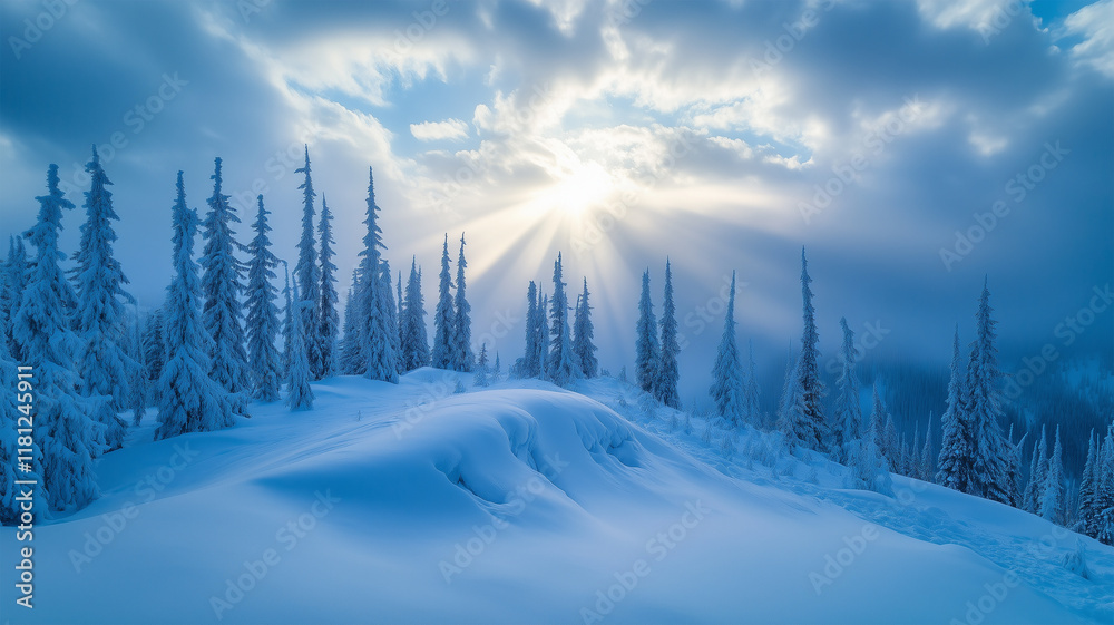 Fototapeta premium 雪に覆われた丘と光芒が差し込む遠くの木々、広がる冬の空