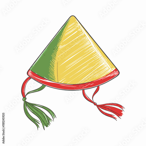 Colorful cone hat with ribbons on white background