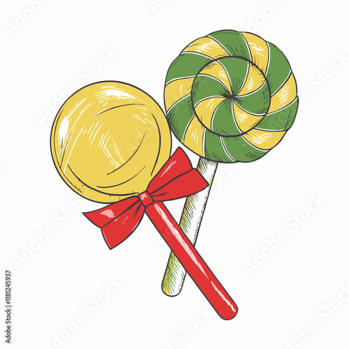 Colorful lollipops with a bow on white background