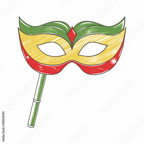 Colorful carnival mask with stick on white background