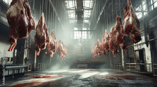 Visually captivating interior of a meat processing plant with hanging fresh beef carcasses in a rustic, atmospheric setting photo