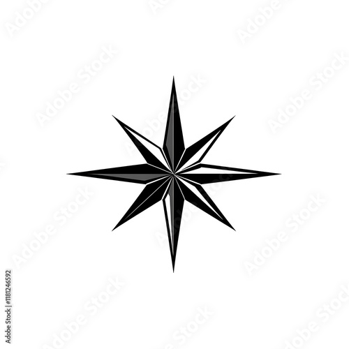 Eight-pointed star, geometric design, black, white background.