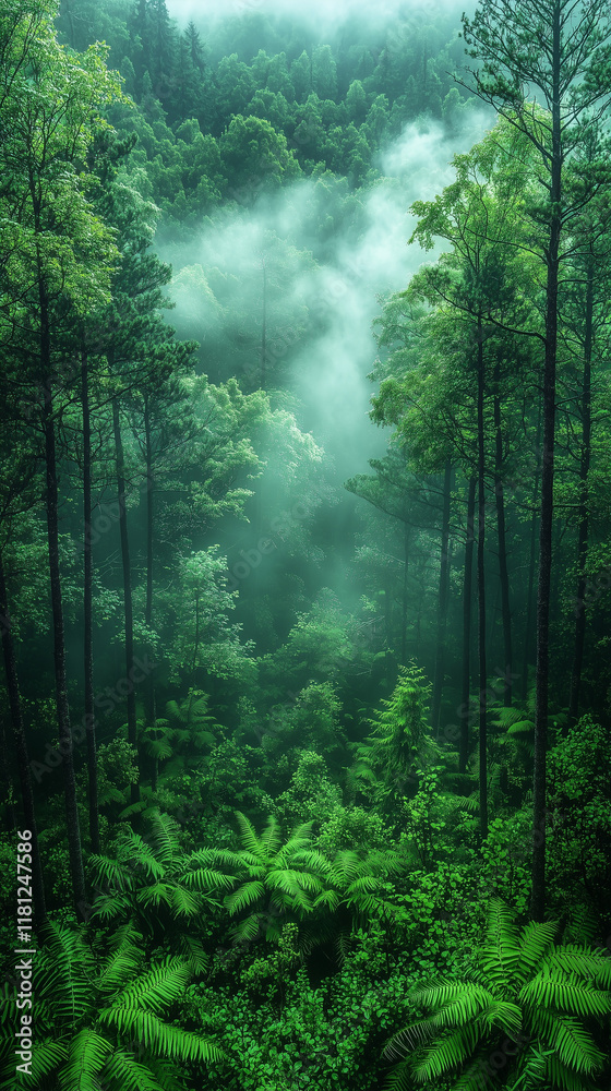 Fototapeta premium A misty forest landscape with towering pine trees, creating a mysterious and magical atmosphere as sunlight breaks through the fog.