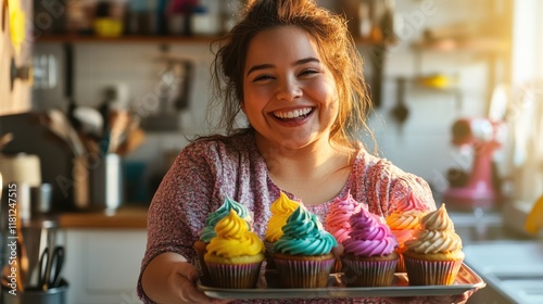 Smiling woman with cognitive disability holds a tray of brightly frosted cupcakes in a kitchen