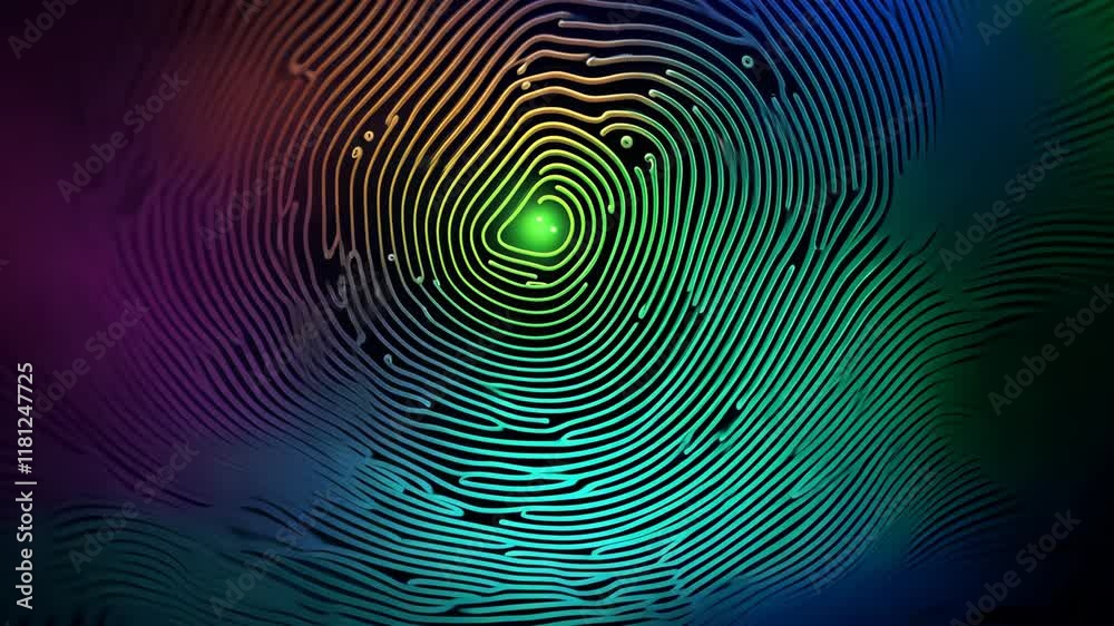 Vibrant neon fingerprint closeup. Concept of identity and internet security