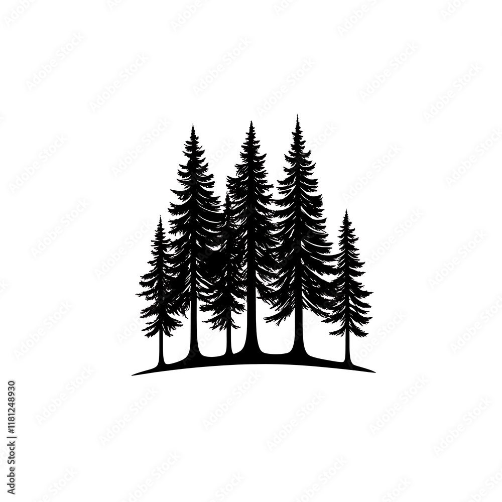 Obraz premium Silhouette of five evergreen trees on a hill.