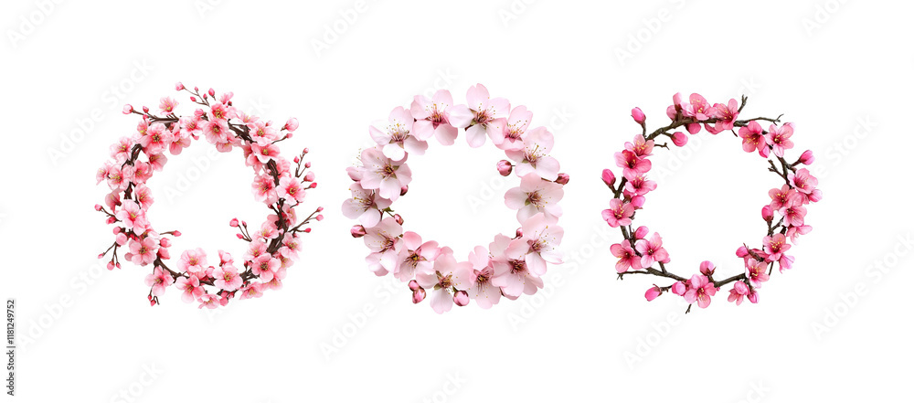 Pink peach blossom wreath with round shape on white background Pink peach blossom wreath with round shape on white background
