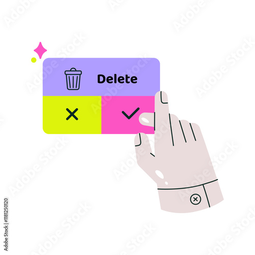 Hand Confirming Delete Action In Flat Vector Illustration Symbolizing Digital Decisions, User Interface Interaction, And Online Actions, Isolated On White Background.