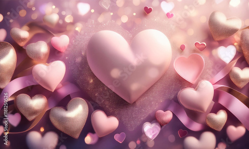  Valentine's Day background with various pink, white, and rose-gold glitter hearts, satin ribbon, and glowing bokeh lights, creating a romantic, soft, and festive atmosphere for love-themed designs.