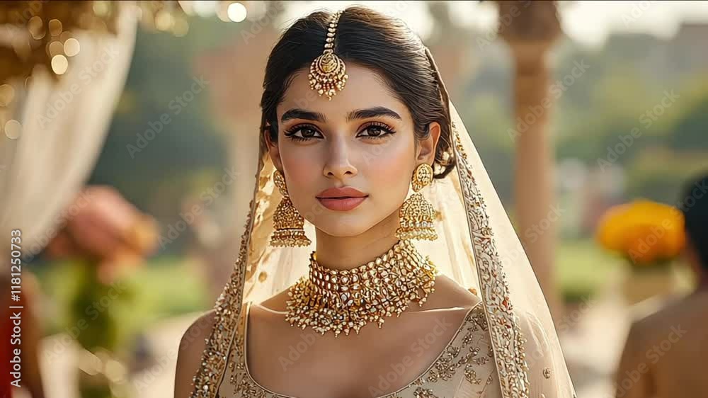 A breathtaking bride, radiant in her ornate traditional wedding dress, gracefully walks through a stunning flower-covered archway This image captures the elegance and beauty of a dream wedding