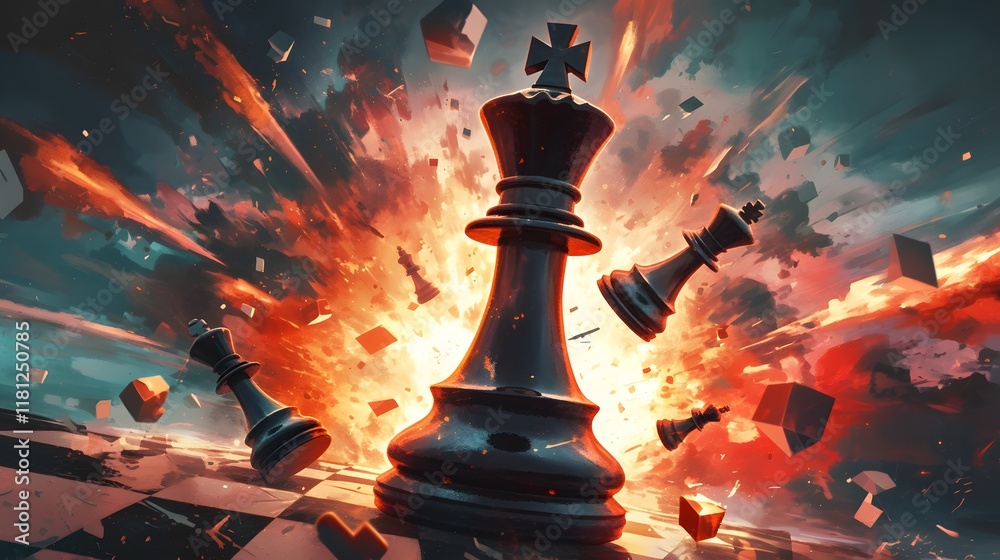 Hyper-realistic chess piece stands boldly amidst a dramatic explosion, symbolizing strategy and power