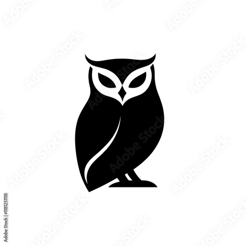 Stylized black owl silhouette, perched, facing forward. photo