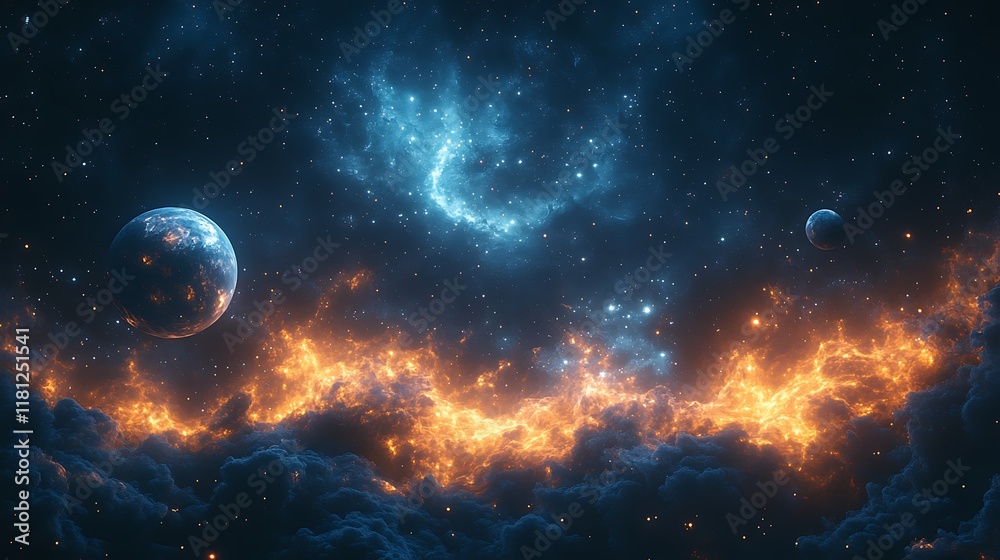 Minimalistic design featuring a cluster of planets aligned across a glowing nebula with faint starlight scattered in the space background Minimalistic design featuring a cluster of planets aligned across a glowing nebula with faint starlight scattered in the space background