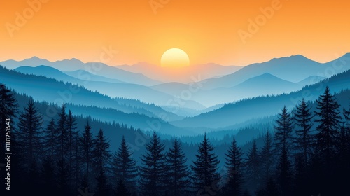 Majestic Sunset over the Blue Mountains: A Serene Landscape Panorama. Breathtaking View of Nature's Tranquility. Peaceful Forest Scene at Golden Hour