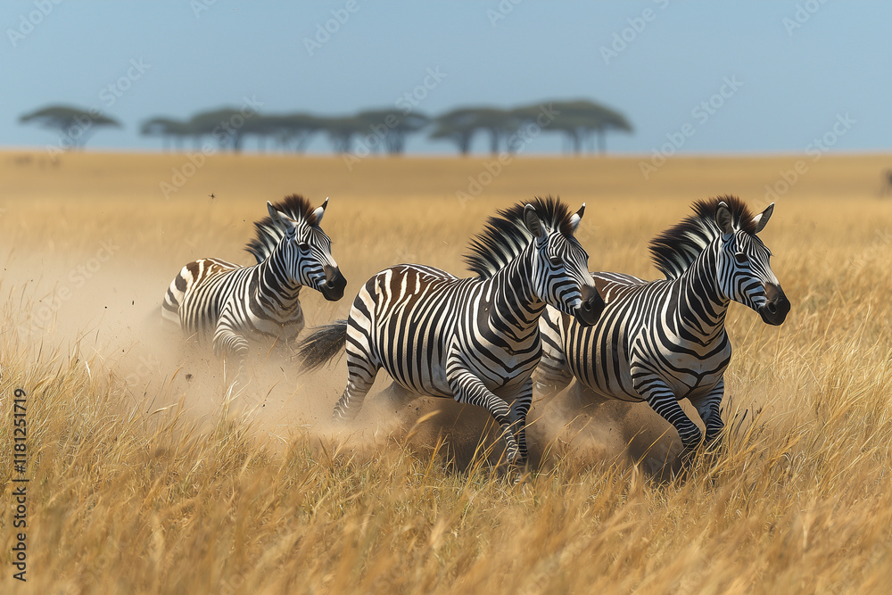 Obraz premium A thrilling moment of zebras running across the savanna, their striking striped coats contrasting beautifully with the natural landscape. The scene conveys the freedom and power of these majestic anim