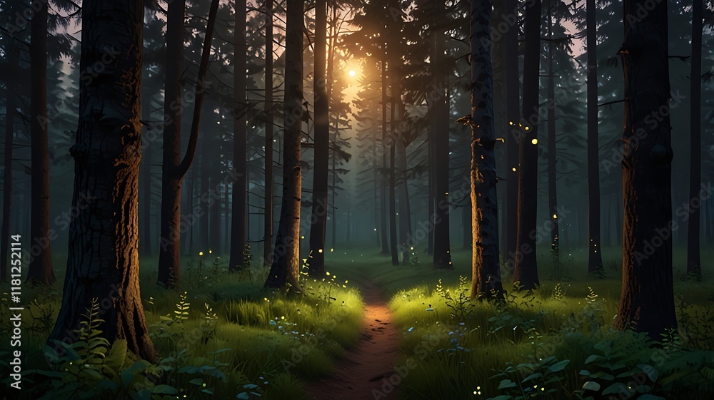 Fototapeta premium Tranquil Evergreen Forest At Dusk, With Fireflies Glowing Softly Between The Trees