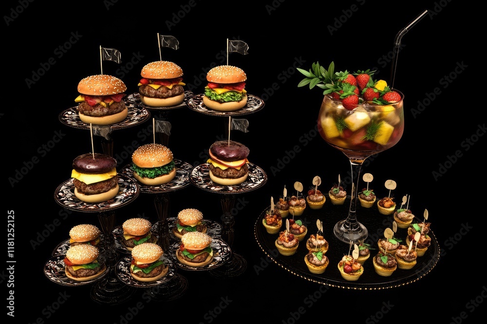 Naklejka premium A display of gourmet burgers and colorful fruit cocktails on elegant serving trays.