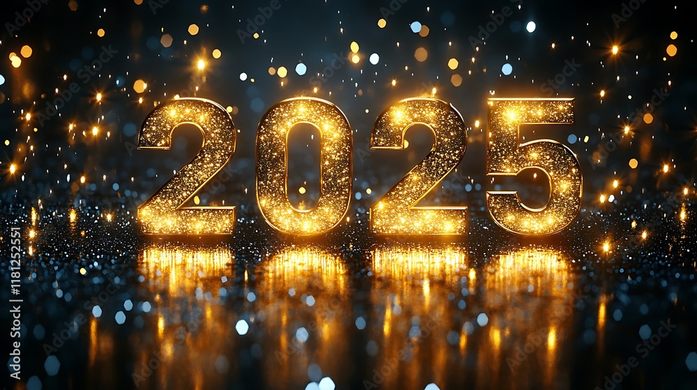 Minimalistic design with 2025 written in glowing gold ink on a pure black background accented by faint white sparkles for a sleek New Years celebration Minimalistic design with 2025 written in glowing gold ink on a pure black background accented by faint white sparkles for a sleek New Years celebration