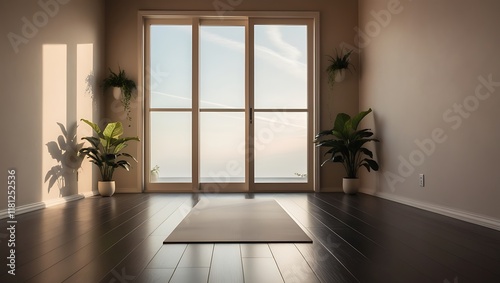 Tranquil Minimalist Yoga Space With A Simple Mat, Neutral-Toned Walls, And Soft Natural Light Streaming In photo