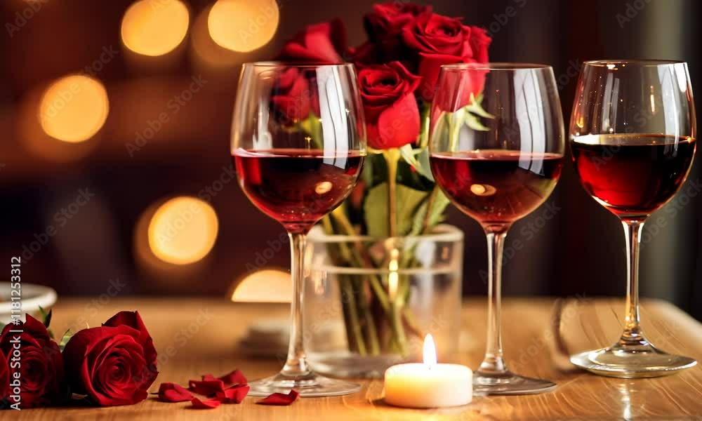 Wine Glasses and Red Roses on a Candlelit Romantic Dinner Table Wine Glasses and Red Roses on a Candlelit Romantic Dinner Table