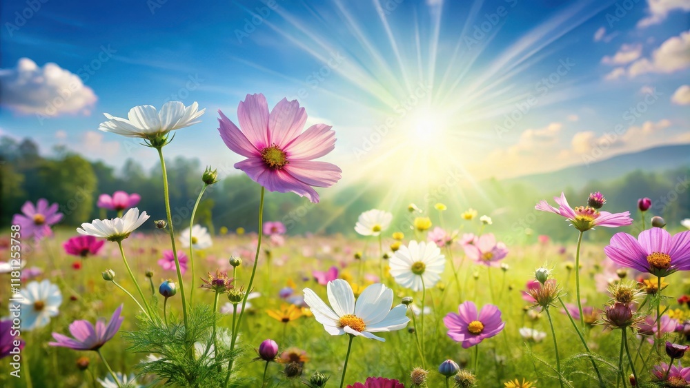 Fototapeta premium Peaceful flowers blooming in a lush meadow under a bright sunny sky with gentle breeze and soft focus effect, idyllic, peace, idyllic