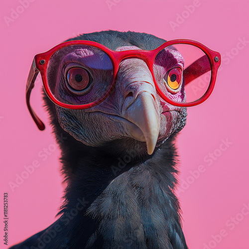 Quirky vulture with glasses surreal setting digital art playful environment close-up view humor and creativity photo