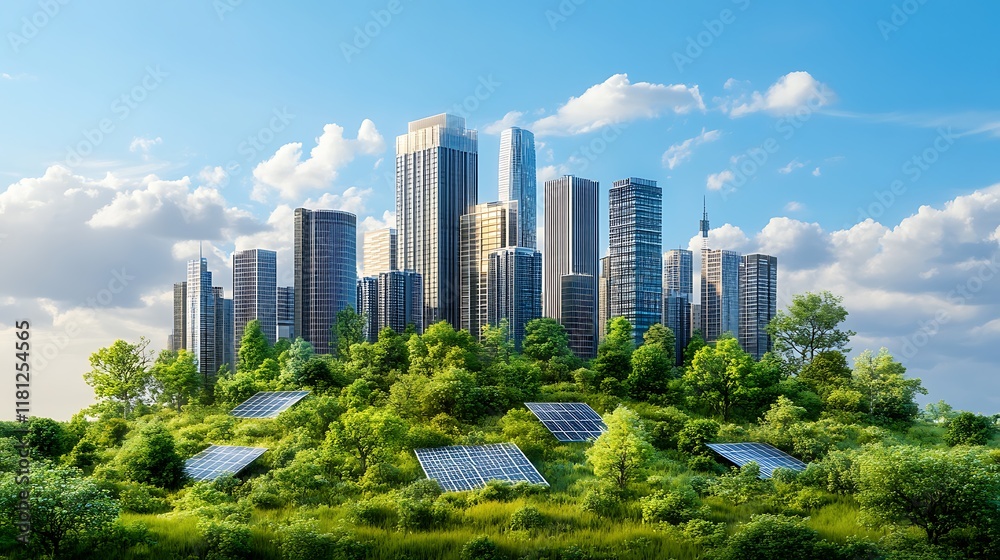 Modern city skyline with ecofriendly corporate buildings solar energy panels and green spaces visually representing ESG principles and sustainable industry goals for the future Modern city skyline with ecofriendly corporate buildings solar energy panels and green spaces visually representing ESG principles and sustainable industry goals for the future