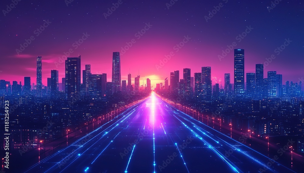 Fototapeta premium Modern city with communication network. Online connection and data traffic. Telecommunications and technology background, hd image