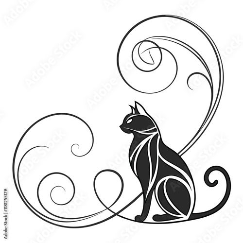 a silhouette line art of a sitting cat with a cur