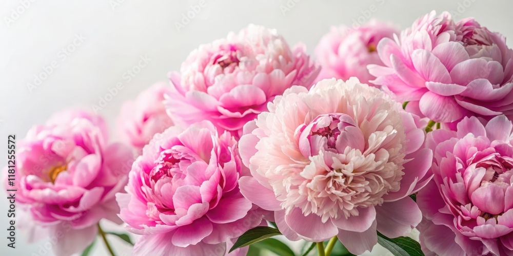 A cluster of fluffy pink peonies flowers in full bloom against a soft white background, showcasing their delicate petals and gentle texture , floral design, peony bouquet A cluster of fluffy pink peonies flowers in full bloom against a soft white background, showcasing their delicate petals and gentle texture , floral design, peony bouquet
