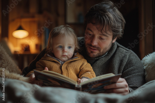A touching moment of a father reading a bedtime story to his child, filled with warmth and love, in a peaceful home setting.