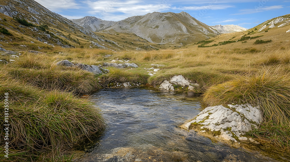 Mountain Stream Autumn Landscape Clear water flows through a grassy valley, majestic peaks in the background; ideal for travel brochures. Mountain Stream Autumn Landscape Clear water flows through a grassy valley, majestic peaks in the background; ideal for travel brochures.