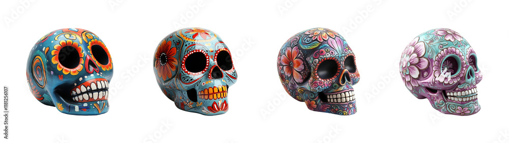 collection of colorful sugar skulls isolated on transparent background collection of colorful sugar skulls isolated on transparent background