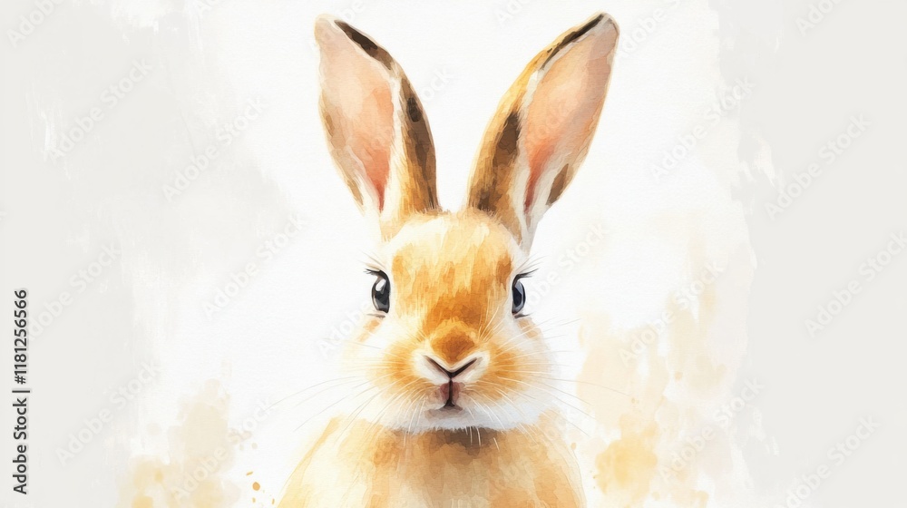Fototapeta premium watercolor easter bunny on white background. fairy holiday rabbit in pastel colors on light and beige background. Illustration greeting Easter