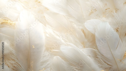soft white feathers layered with hints of metallic gold accents. 