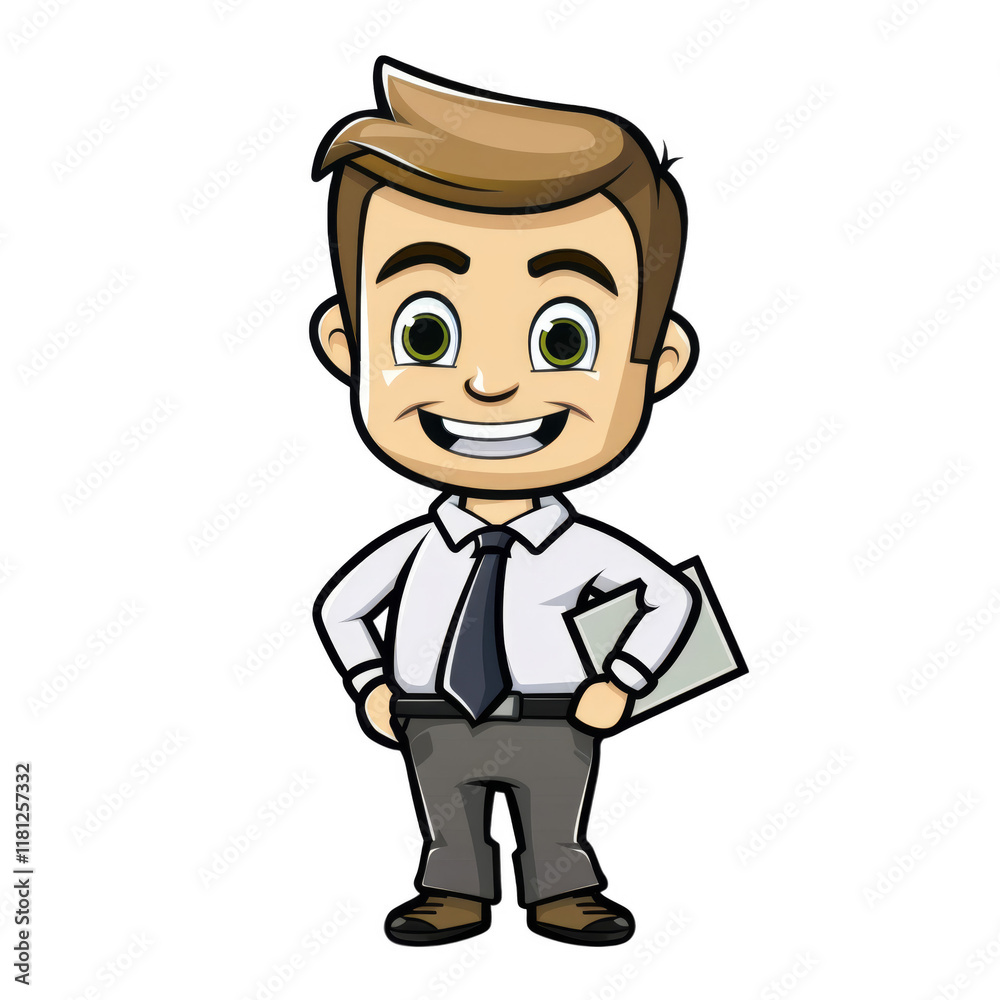 A cartoon illustration of a smiling businessman wearing a white shirt, tie, and grey pants, holding a folder in one hand, and with his other hand on his hip. A cartoon illustration of a smiling businessman wearing a white shirt, tie, and grey pants, holding a folder in one hand, and with his other hand on his hip.