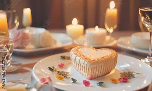 Elegant white cake decorated with floral details placed on a rustic wooden table for celebrations. photo