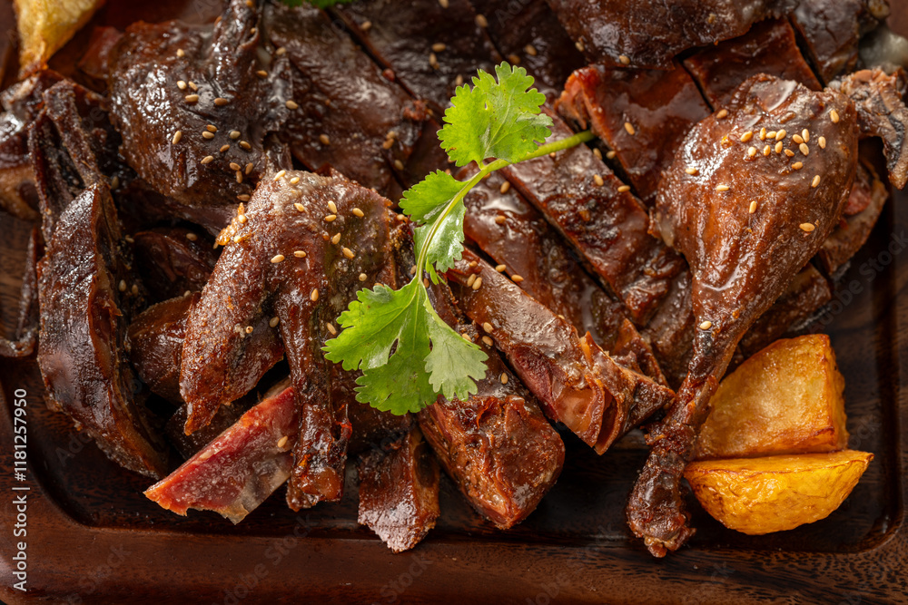 Roast duck is placed on a wooden board Roast duck is placed on a wooden board