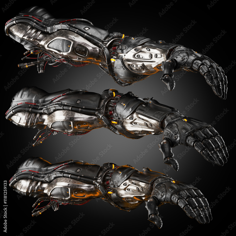 Φωτογραφία Detailed close-up of three futuristic robotic arms with intricate mechanical des