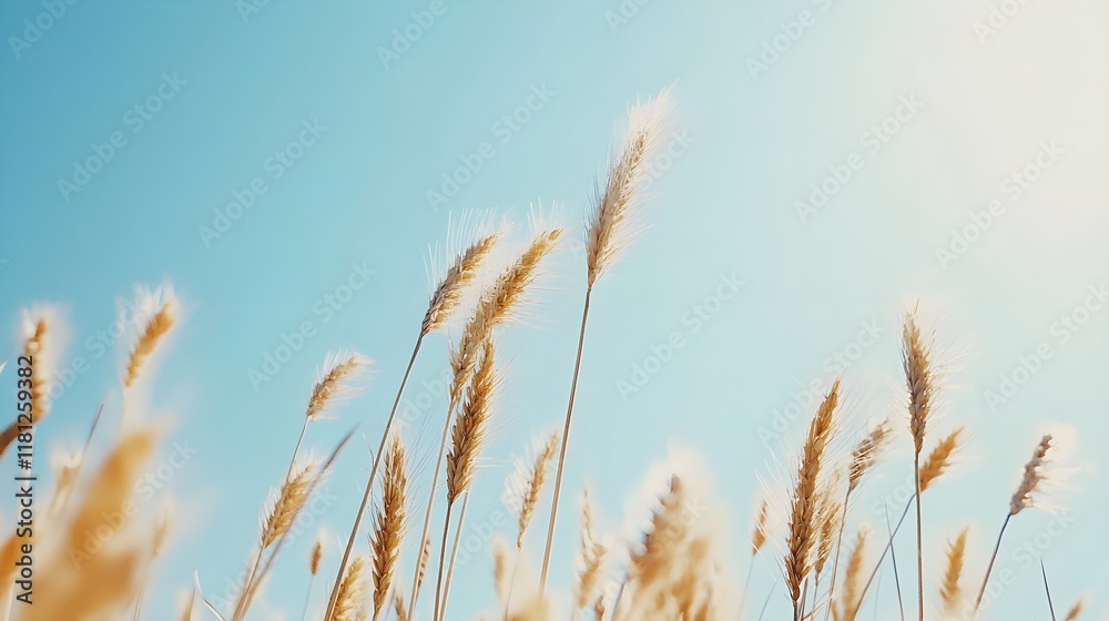 Fototapeta A photo of tall, golden wheat swaying in the breeze under a clear blue sky. 