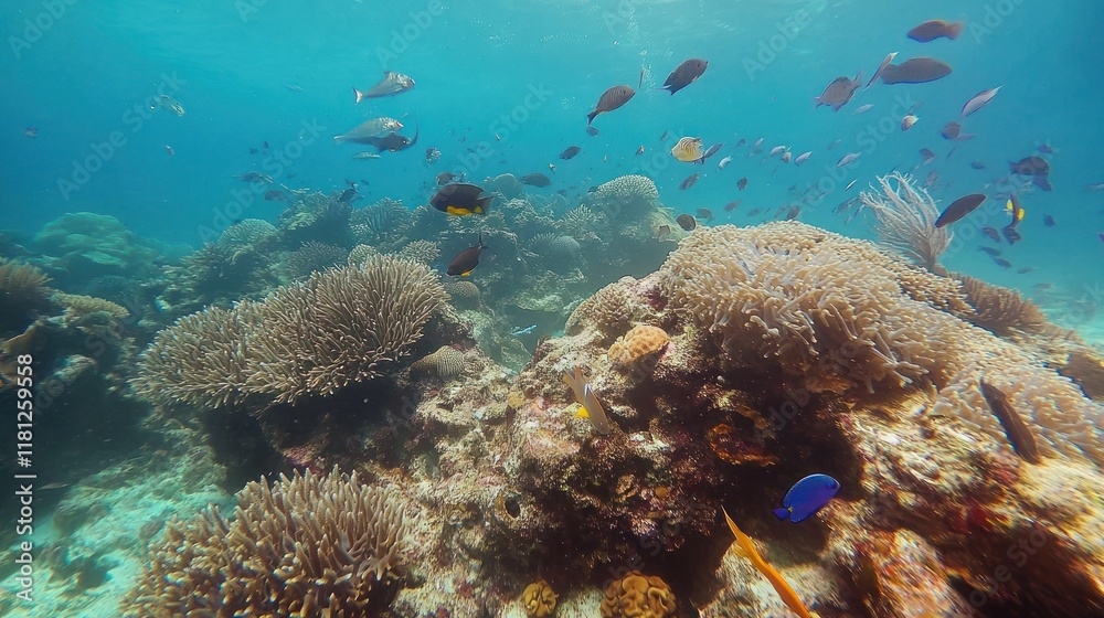 Naklejka premium Vibrant Underwater Coral Reef Scene