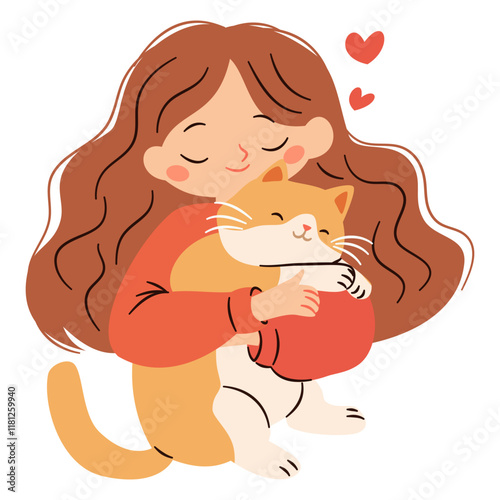 Cute little girl hugging cat, children and pets. Flat vector illustration in simple child style on white background . Vector illustration