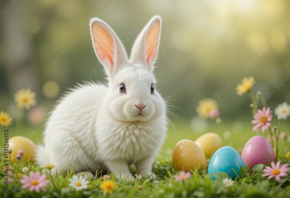 Adorable white rabbit sitting in a green meadow with colorful Easter eggs and blooming flowers, symbolizing spring, celebration, and festivity in a warm and joyful atmosphere